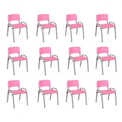 Kit 12 Cadeiras Infantil Iso, Escola, Base Cinza- Rosa