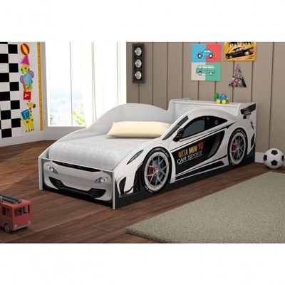 Cama Carro Com Bau Juvenil Racer Branco Com Colchao