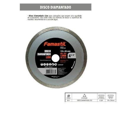 Disco Diamantado Liso 4 3/8 Polegadas 110 X 20 Mm Famastil