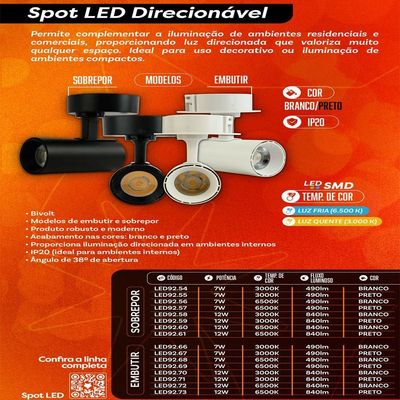 Spot Led Direcionável Embutir 12w Pt Bivolt 3000k Foxlux