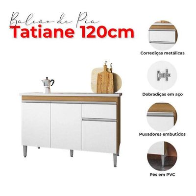 Balcão De Pia Tatiane 120cm E Armário Cozinha Kit Márcia Amêndoa Branco - Ajl