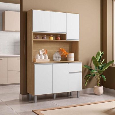 Balcão De Pia Tatiane 120cm E Armário Cozinha Kit Márcia Amêndoa Branco - Ajl