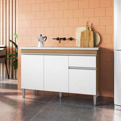 Balcão De Pia Tatiane 120cm E Armário Cozinha Kit Márcia Amêndoa Branco - Ajl