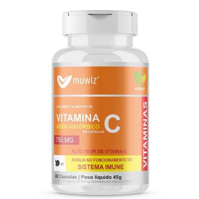 Vitamina C (ácido Ascórbico) 60 Cápsulas 750mg Muwiz