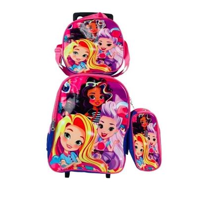 Mochila Infantil Rodinha Princesa Amigas Rosa Estojo Lancheira