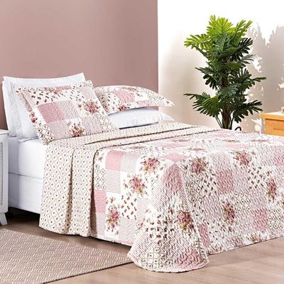 Kit Cobre Leito Colcha Dallas King Dupla Face Estampada 3 Peças - Rosa Matura Patchwork