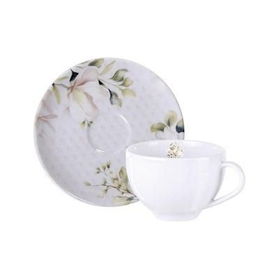 Conjunto Xícara e Pires de Chá Porcelana 250ml Tramontina Magnólia Branca Decorada