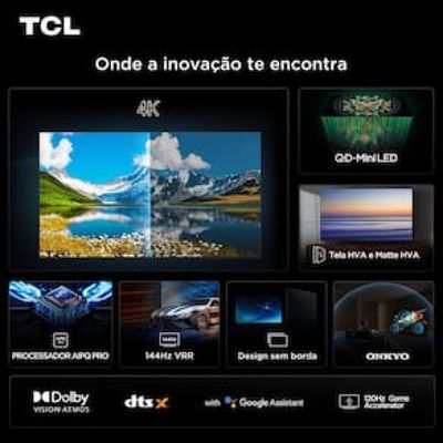 Smart TV 65 TCL C6K Premium 4K QD-Mini LED com Sistema Operacional Google TV, Dolby Vision IQ, Atmos, Subwoofer, HDR10+, 144Hz VRR e Comando de Voz Preto / Bivolt