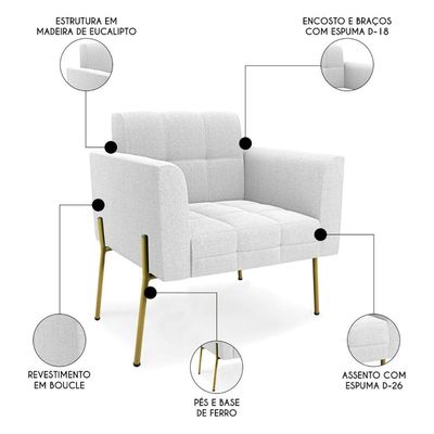 Poltrona Para Sala Pé Metal Dourado Kit 2 Ana Bouclé Off - Ibiza