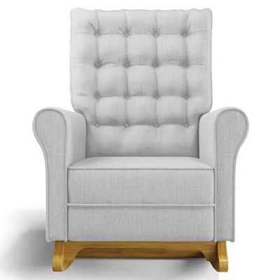 Poltrona De Amamentação Balanço E Puff Base De Madeira Brenda G05 Linho Cinza Claro - Mpozenato