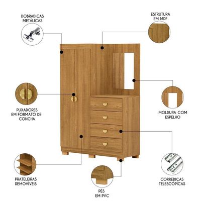 Guarda Roupa Cômoda Com Espelho 120cm Cristal Nature - Vila Rica
