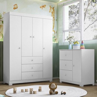 Guarda Roupa Infantil 4 Portas Cômoda 3 Gavetas Duda Branco - Phoenix