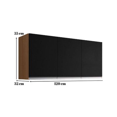 Armário Aéreo De Cozinha Andréia 120 Cm Com 3 Portas Amêndoa/Preto