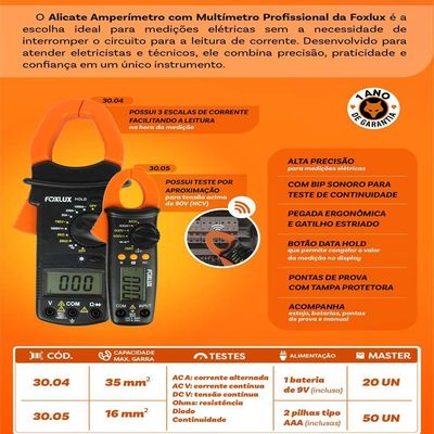 Alicate Amperímetro Com Multímetro 16mm² Profissional Foxlux
