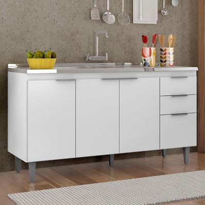 Balcão De Cozinha Com Pia Inox 150cm Pérola Z34 Branco - Mpozenato