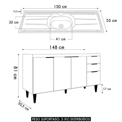 Balcão De Cozinha Com Pia Inox 150cm Pérola Z34 Branco - Mpozenato