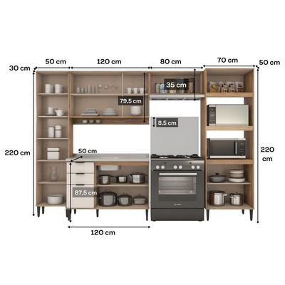 Armário De Cozinha Completa C Balcão Miami Metro Carraro Off White C Freijó