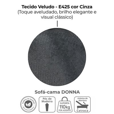 Sofa Cama 2 Lugares 206cm Donna Veludo E425 Milani Store Cinza