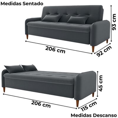 Sofa Cama 2 Lugares 206cm Donna Veludo E425 Milani Store Cinza