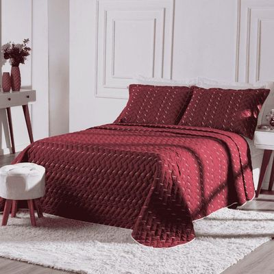 Cobre Leito Casal Padrão Heitor Bordado Hipercal 400 Fios 3 Peças - Vermelho Marsala