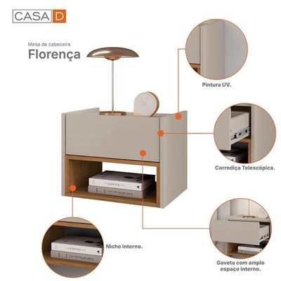 Conjunto De Mesa Cabeceira Quarto Florença Suspensa 1 Gaveta Off White cedro