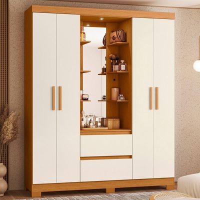 Guarda Roupa Olimpia 163cm 4 Portas Espelho Led 2 Gavetas Cinamomo off White