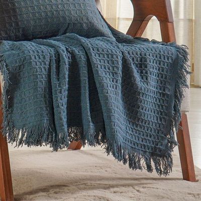 Kit Manta E Almofada Decorativa Para Sofá Waffle 100% Algodão 120x150cm Azul Cobalt