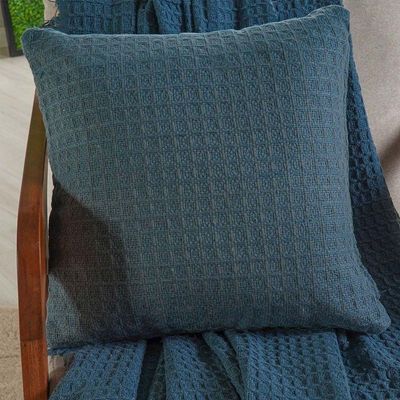 Kit Manta E 2 Almofada Decorativa Para Sofá Waffle 100% Algodão 120x150cm Azul Cobalt