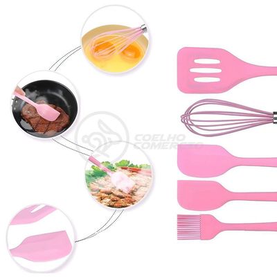 Kit De Cozinha 5 Utensílios De Silicone Resistente A Altas Temperaturas Conjunto Completo Rosa