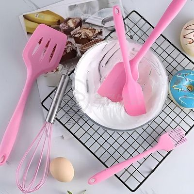 Kit De Cozinha 5 Utensílios De Silicone Resistente A Altas Temperaturas Conjunto Completo Rosa