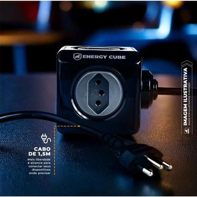 Adaptador Bivolt Energy Cube - Preto - Com 5 Tomadas E Cabo De 1,5 M - Gshield