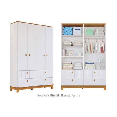 Guarda Roupa Infantil c/ 4 Portas e 4 Gavetas Biscoito Off White/Nature - Permóbili Baby