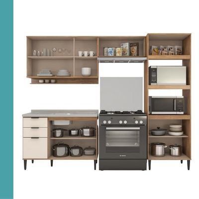 Armário De Cozinha Completa C Balcão Miami Box Carraro Off White C Freijó