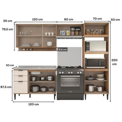 Armário De Cozinha Completa C Balcão Miami Box Carraro Off White C Freijó