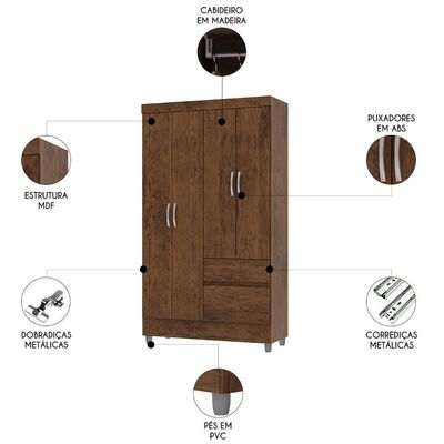Guarda Roupa Solteiro 103cm Com 4 Portas Ideal Imbuia Rústico - Vila Rica