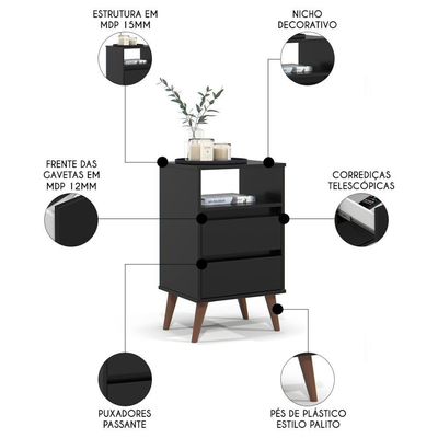 Mesa De Cabeceira Pés Retrô 2 Gavetas 43cm Roma Preto - Ej Móveis