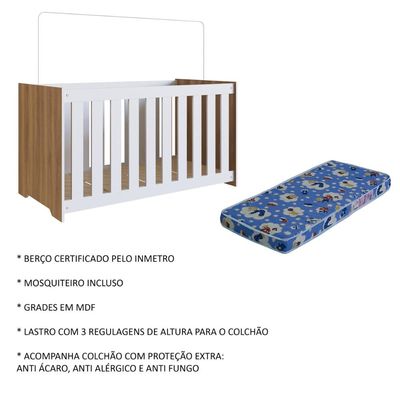 Berço com Regulagem e Colchão Nogal e Branco Completa Móveis
