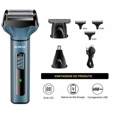 Kit 3x1 Maquininha de Barbear, Depilador, Aparador de Pêlos Nariz Masculino