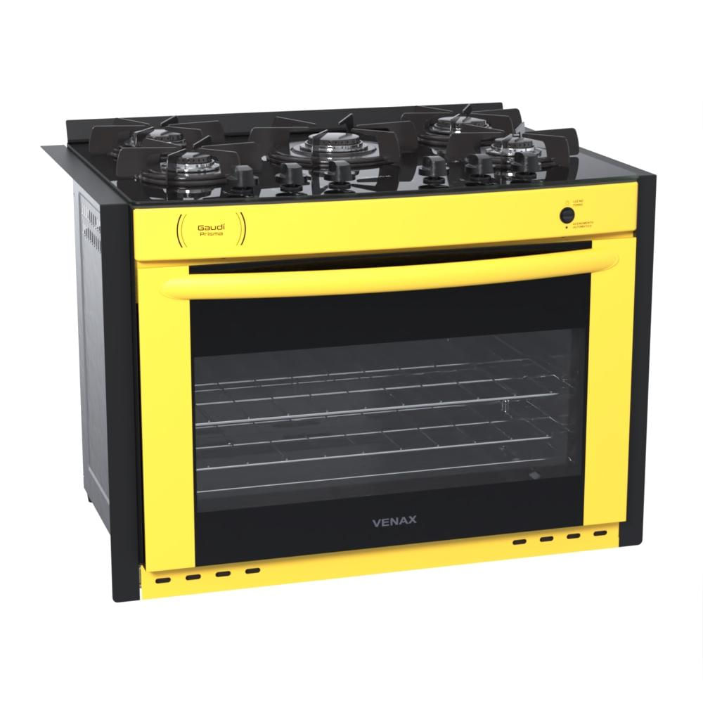 Fogão 5 Bocas de Embutir Venax Gaudi Prisma Vitreo Bl Amarelo Mesa em Vidro - Bivolt