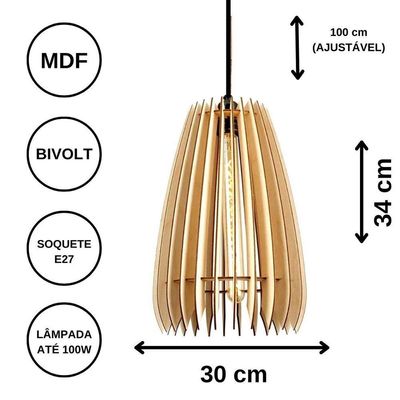 Luminária Teto Tipo Pendente Cometa Mdf - Completa Mdf Cru