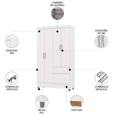Guarda Roupa Solteiro 103cm Com 4 Portas Ideal Flex Branco - Vila Rica