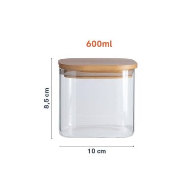 Pote De Mantimentos Quadrado Flat 600ml Tampa Bambu Oikos