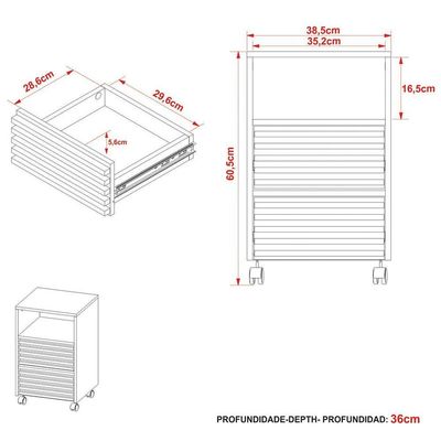 Gaveteiro Para Escritório 2 Gavetas Com Rodízios Branco