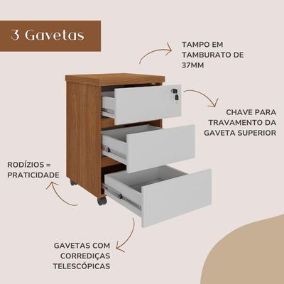 Gaveteiro Para Escritório 3 Gavetas Com Chave E Rodízios Freijó/branco