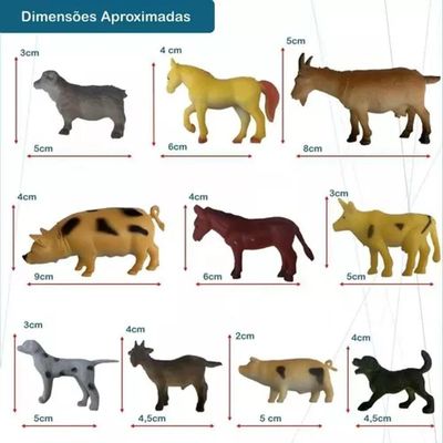 Kit 10 Animais Da Fazenda Safari Zoo Pequenos De Borracha