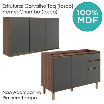 Armario Aereo Balcao Pia 120 Cm Mdf Kali Carvalho Toq Chumbo