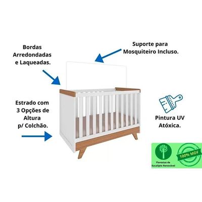 Berço Infantil Retrô 2 em 1 Branco/Amendoa - Peroba