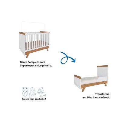 Berço Infantil Retrô 2 em 1 Branco/Amendoa - Peroba