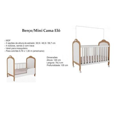 Berço Infantil Elô 2 em 1 Branco/Amendoa - Peroba