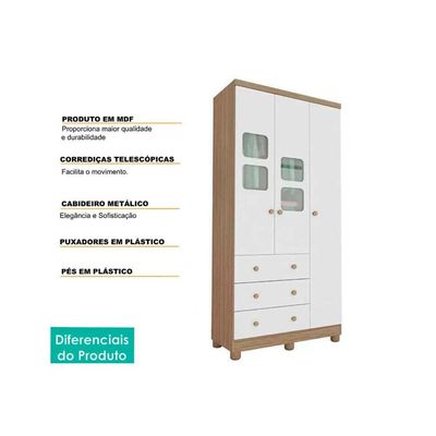 Guarda Roupa Infantil c/ 3 Portas (2 Cristal) e 3 Gavetas Uli Branco/Amendoa - Peroba